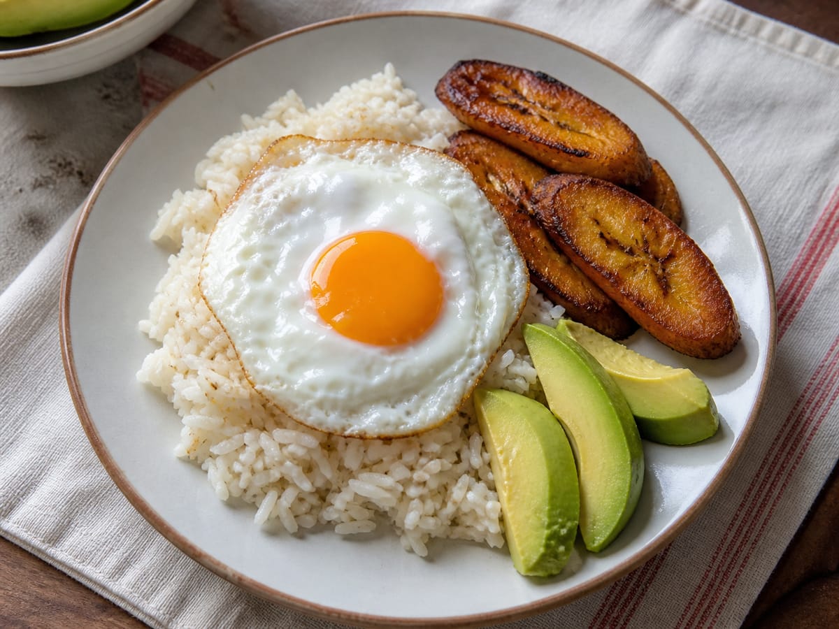 Arroz blanco con huevo frito, tajadas de plátano maduro y aguacate