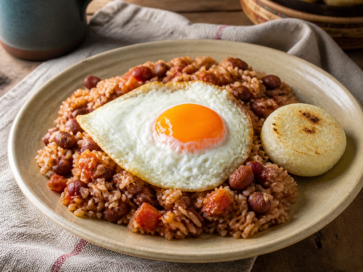 Calentado paisa de arroz y fríjoles coronado con huevo frito