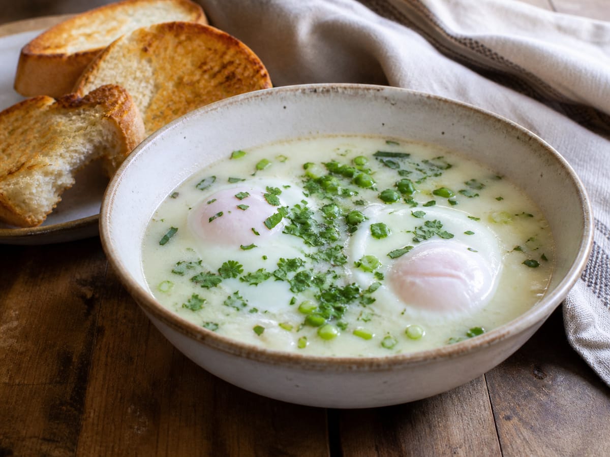 Changua santafereña con huevo pochado, cilantro y pan