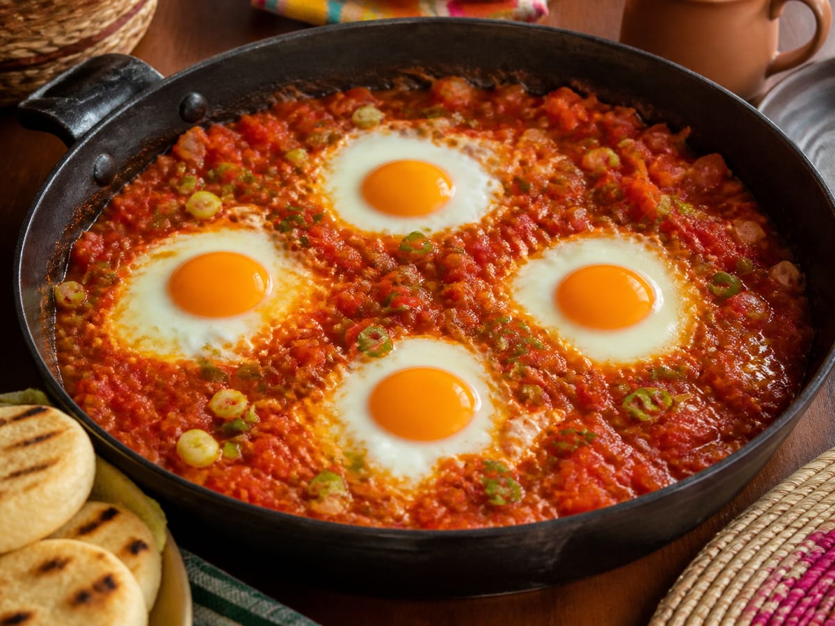 Huevos cocidos sobre hogao de tomate y cebolla acompañados con arepa