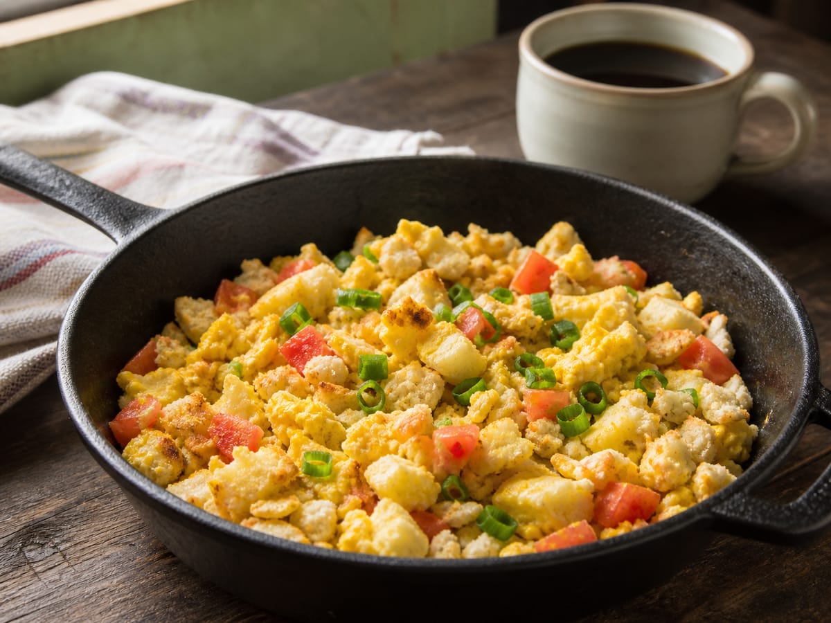 Migas de arepa doradas mezcladas con huevo, tomate y cebolla larga