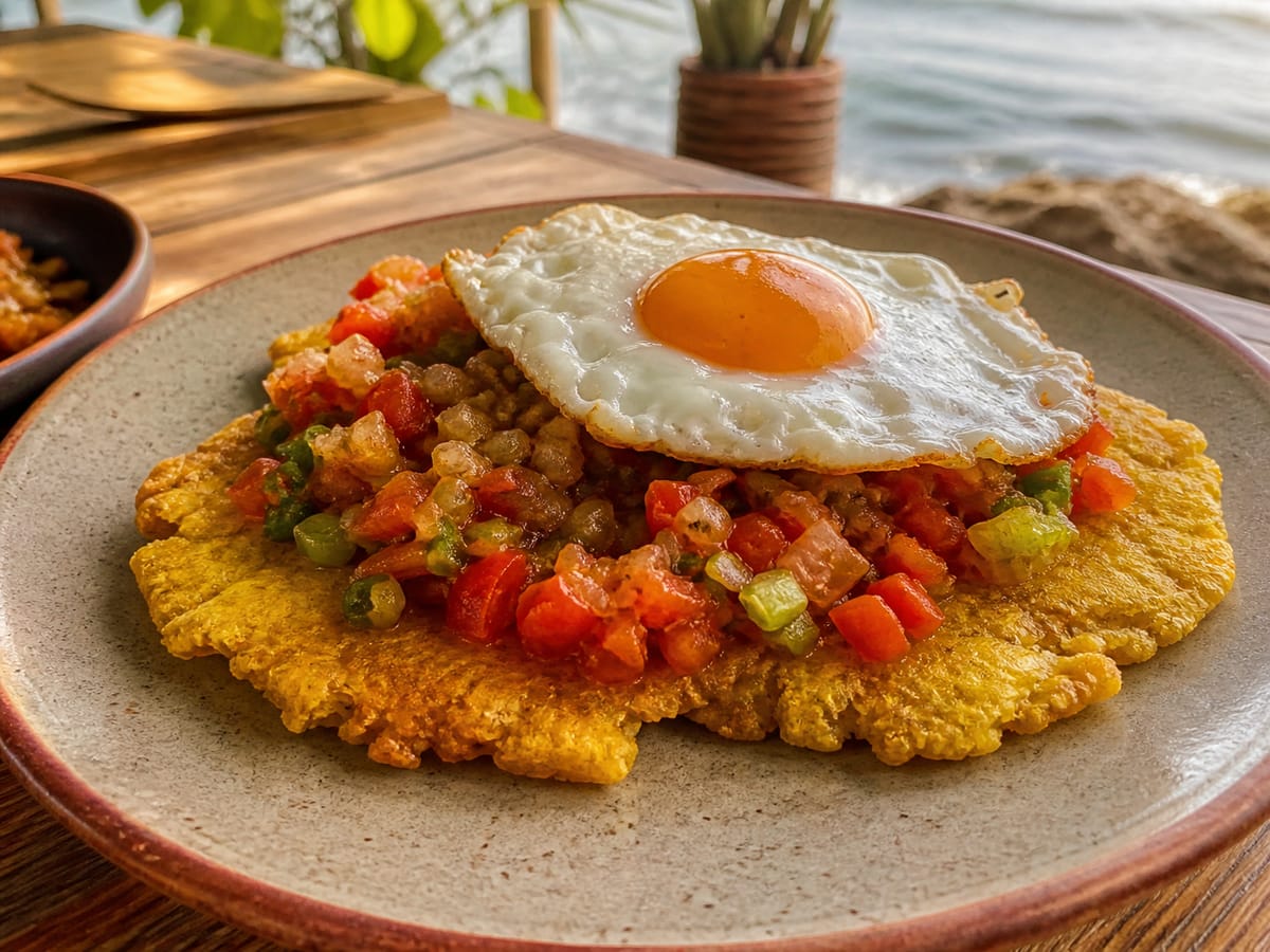 Patacones colombianos crujientes con huevo frito y hogao