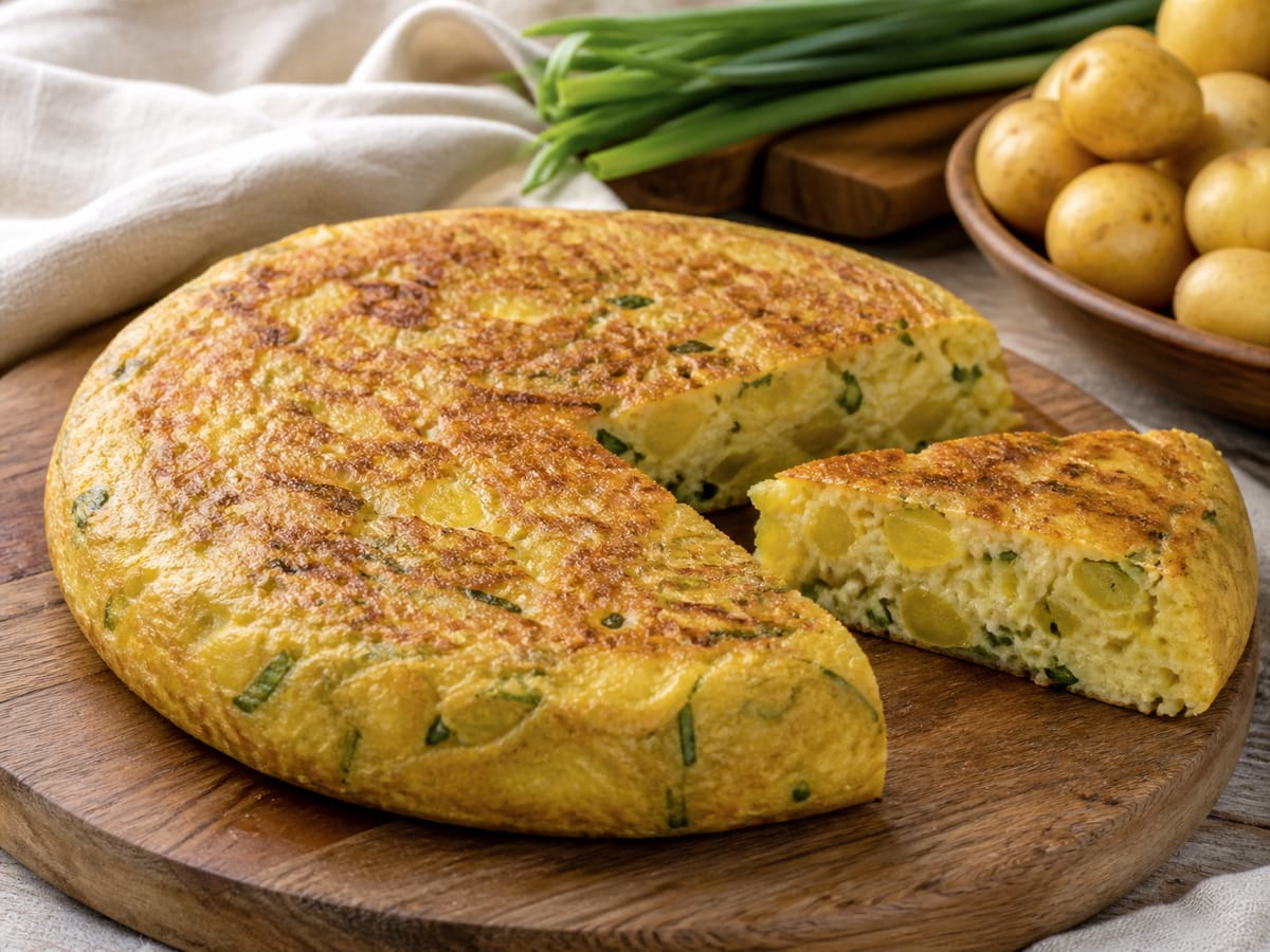 Tortilla dorada de huevo con papa criolla y cebolla larga